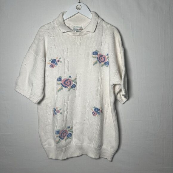 Izod Vintage White Short Sleeve Sweater Cottagecore Preppy Embroidered Knit Sz L - Picture 1 of 8